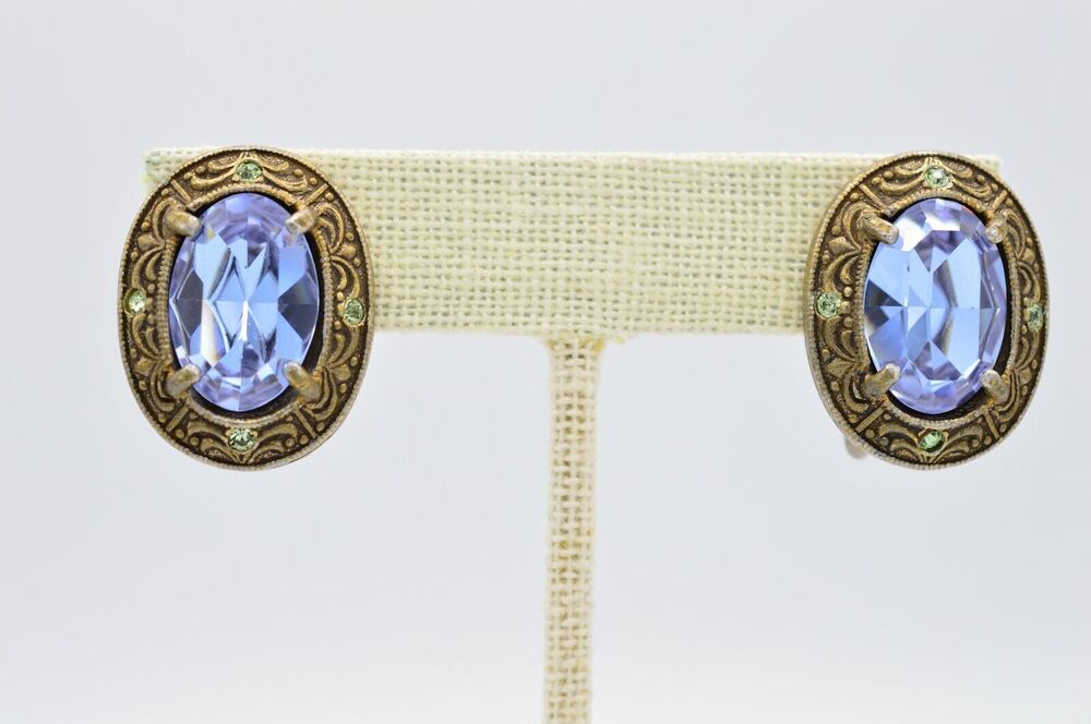 Banana Bob Vintage Clip Earrings Gunmetal Purple Crystal Green Signed BinW